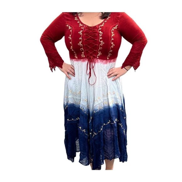 Blue Tie Dye Boho Medieval Cosplay Maxi Dress Pyramid Collection festival L goth - Picture 2 of 10